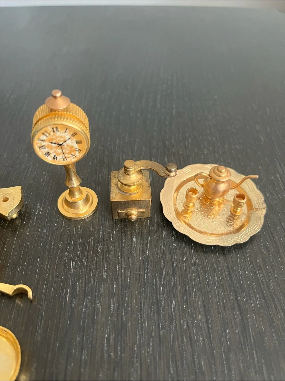 Miniature Brass Dollhouse Accessories Clock, Tea Set, Grinder, Scale, Drum Set
